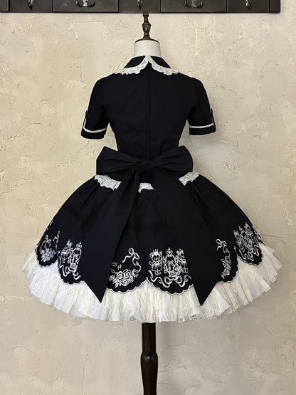 Black Old School Lolita Cotton OP Dress with Embroidered Scallop Trim Skirt - Secret Tea Party