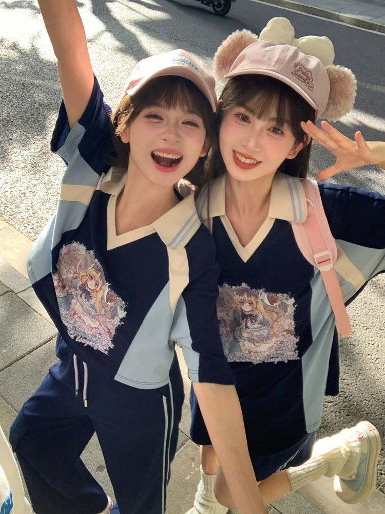 Version Navy Blue Colorblock Design V-neck Anime Girl Print T-shirt Long/Short