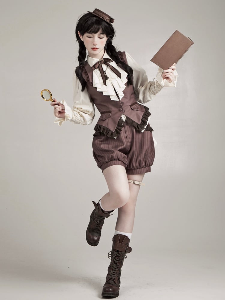 Brown Ouji Lolita Detective Set with Waistcoat and Bloomer Shorts