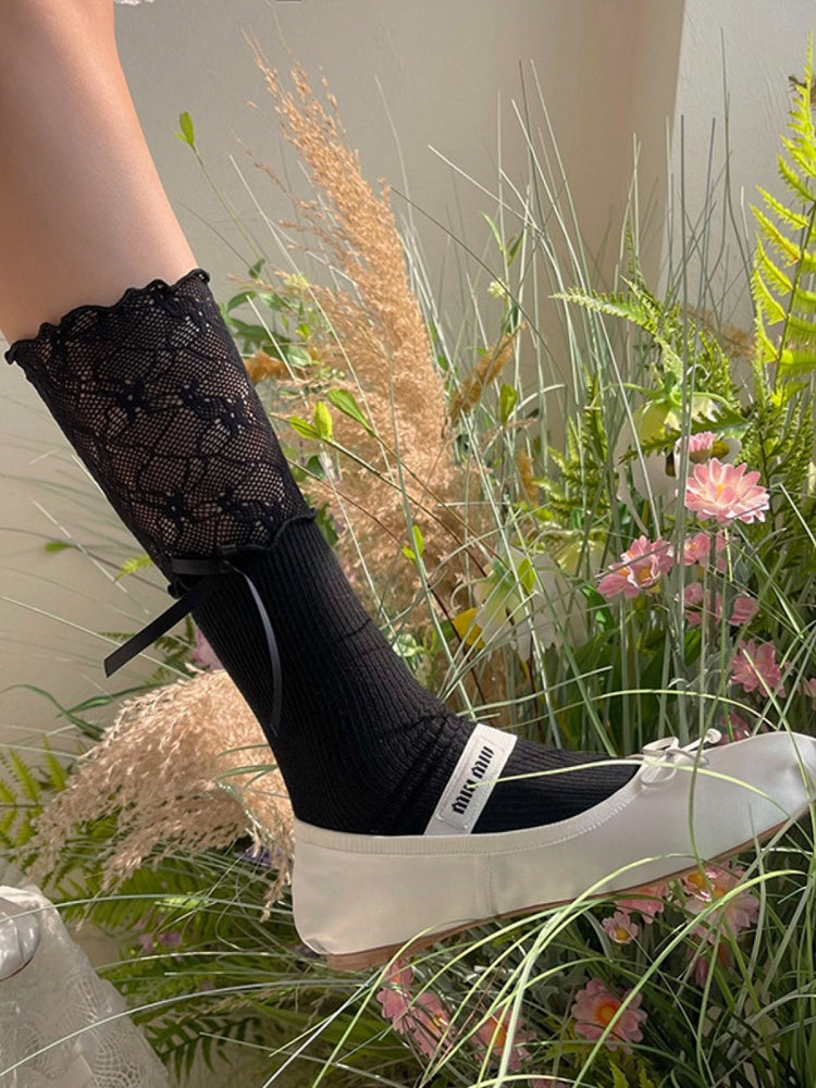 Lace with Calf Cuff Decoration Bow Socks White/Black/Pink