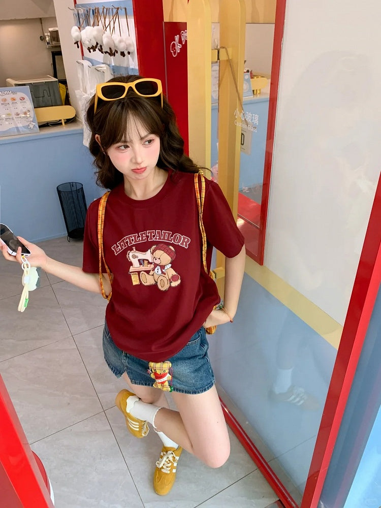 Cartoon Bear Print Wine Red Round Neck T-shirt Loose