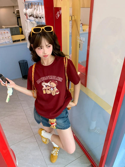 Cartoon Bear Print Wine Red Round Neck T-shirt Loose