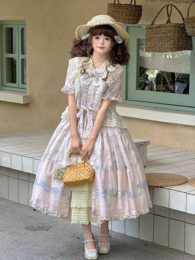 Lavender Floral Lamb Print Casual Dress - Miss Point