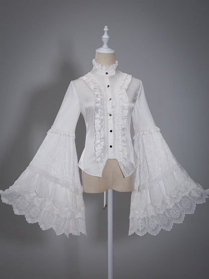 White Bell-Sleeve Shirt with Lace Patched Flounce Neck - DevilInspired Exclusive Collection