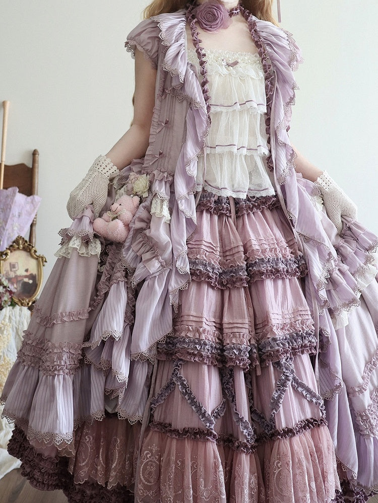 Placket Lolita Cascading Ruffle Front Light Straps Pink Self-tie Purple House Dress Style