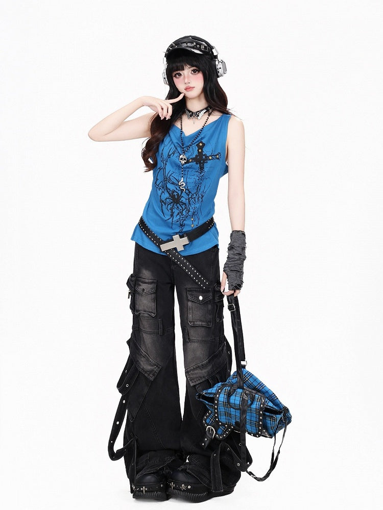 Y2K Klein Blue Tank with Spider & Thorn Print and Rivet Accents - CRAZY GIRL