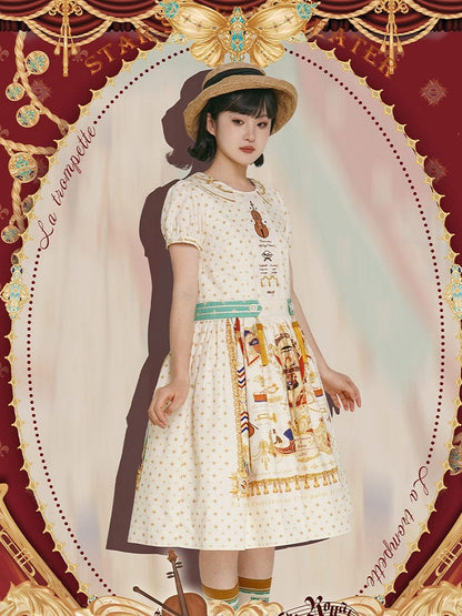 Short White Musical Print Peter Pan Collar OP Dress with Tassels - Crucis Universal Tailor Company