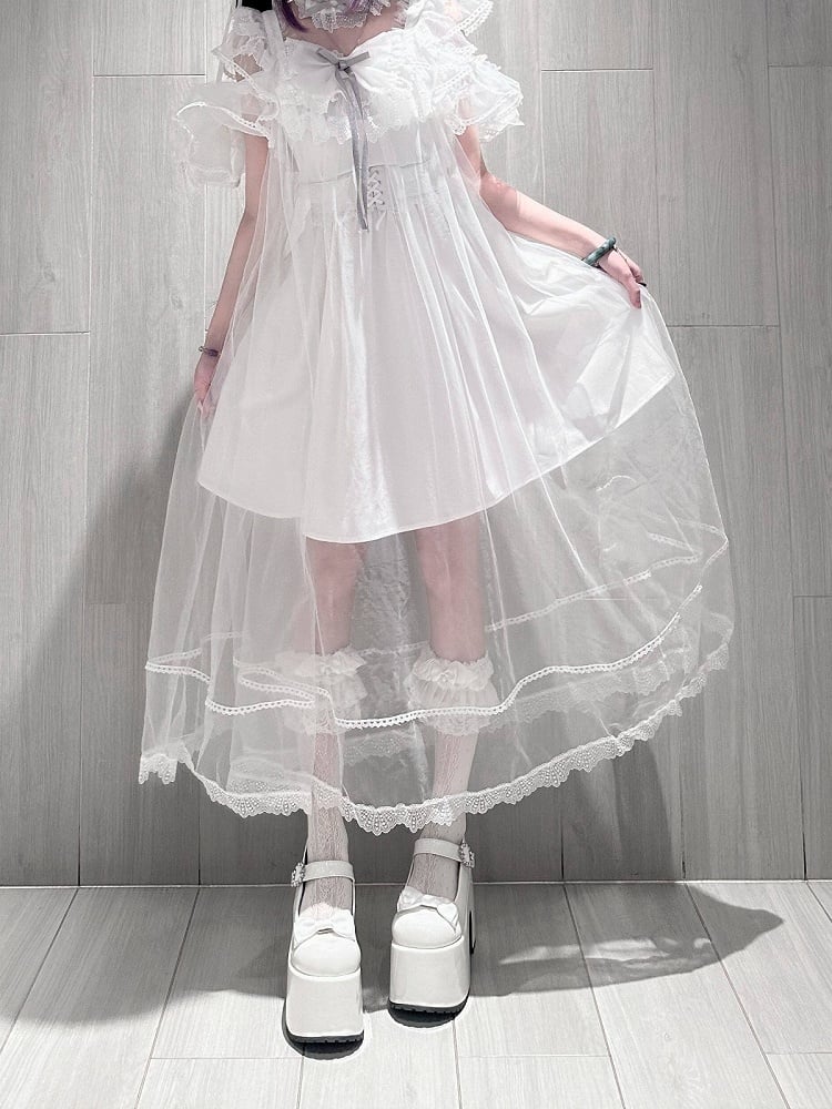 White Lace Trim Slip Dress with Tulle Overlay - Pink Rabbit