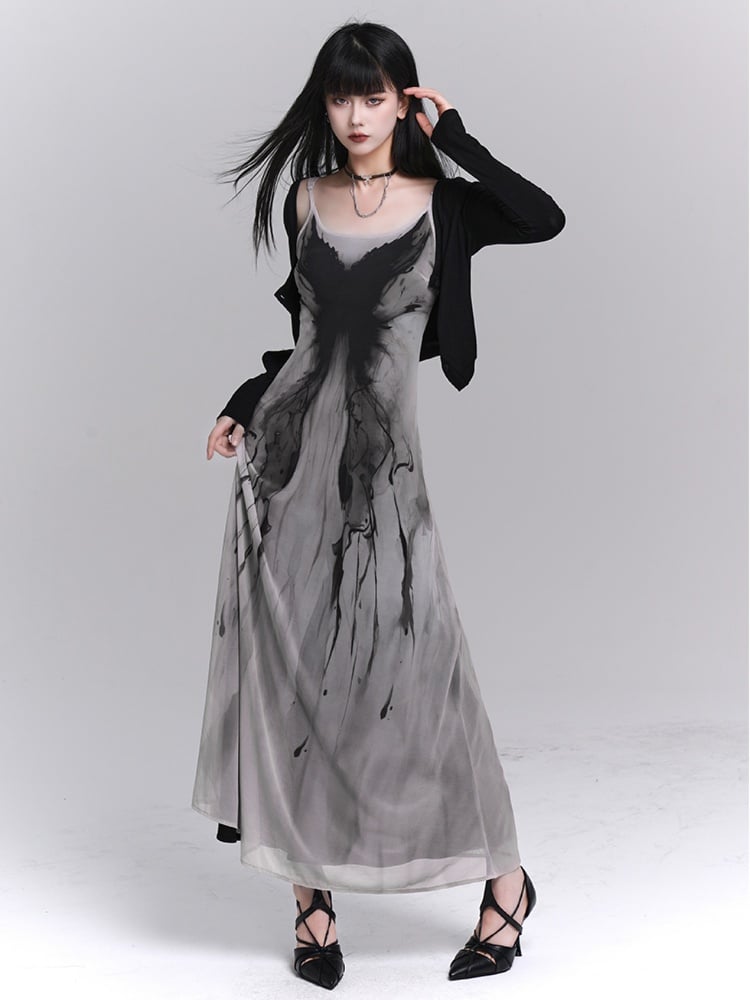 Gothic Gray Butterfly Slim-fitting Slip Dress