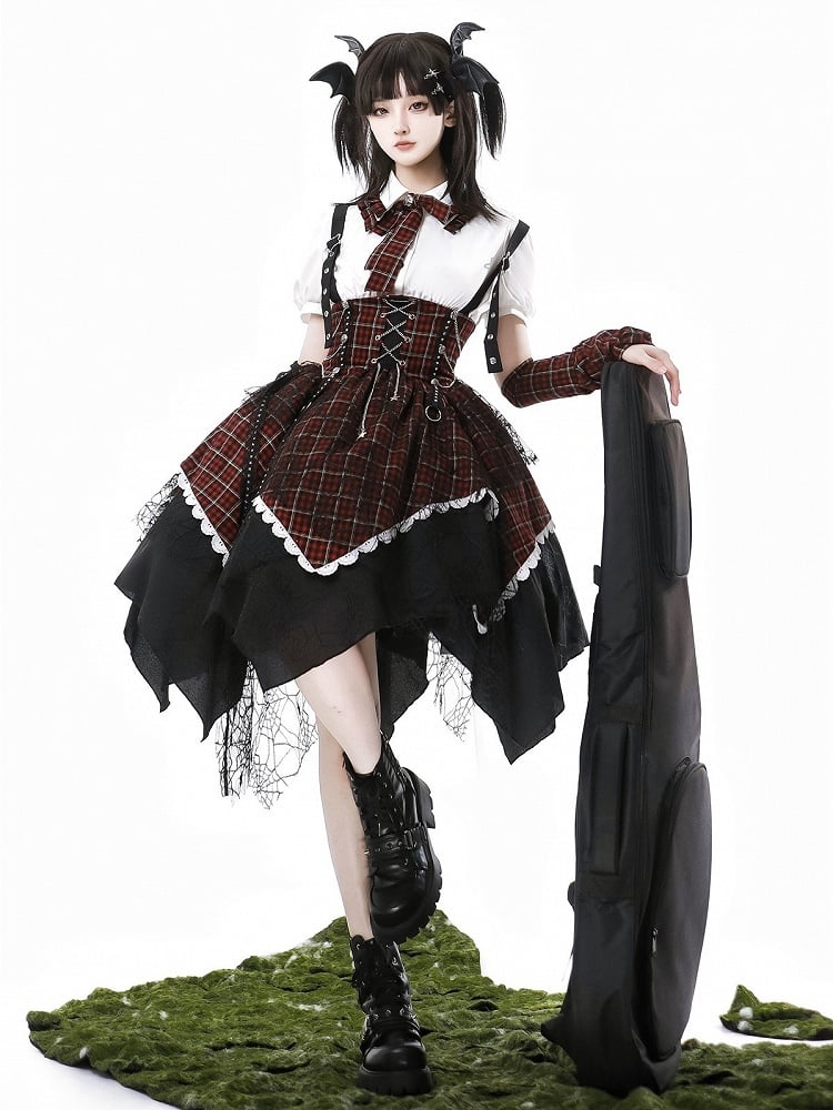 Dress Lolita Punk Red Black Plaid Overall Sleeves Detachable + Blouse Puff-Sleeve