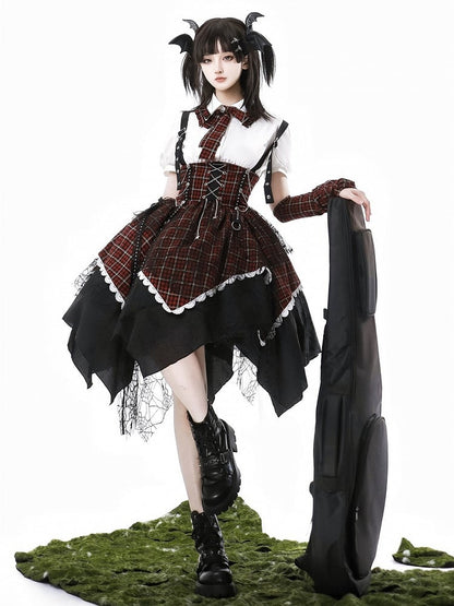 Dress Lolita Punk Red Black Plaid Overall Sleeves Detachable + Blouse Puff-Sleeve