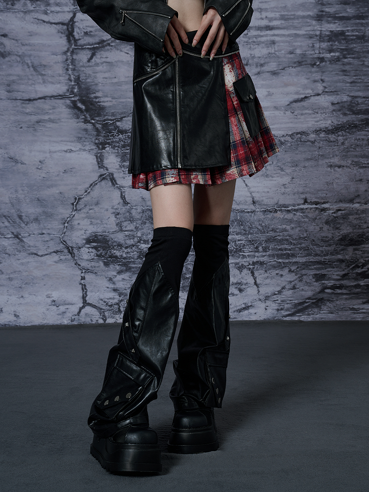 with Rock PU Leg Pockets Studded Warmers Black Punk