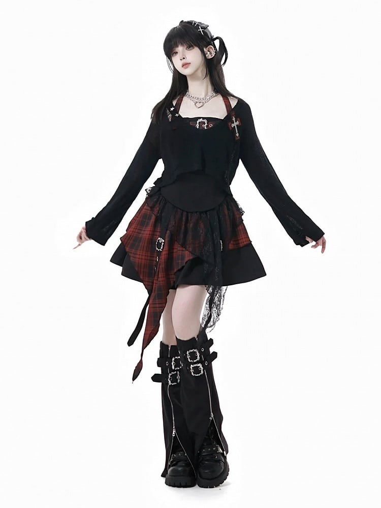 Y2K with Sweater Plaid Decor Gray/Black V-Neck Cross Distressed Holes Knit Grunge