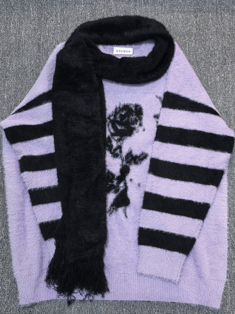 Pattern Sweater and Purple Rose Jirai Striped Oversized Kei Black