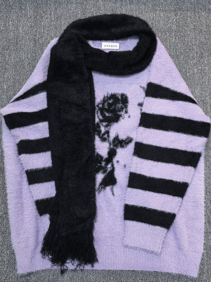 Pattern Sweater and Purple Rose Jirai Striped Oversized Kei Black