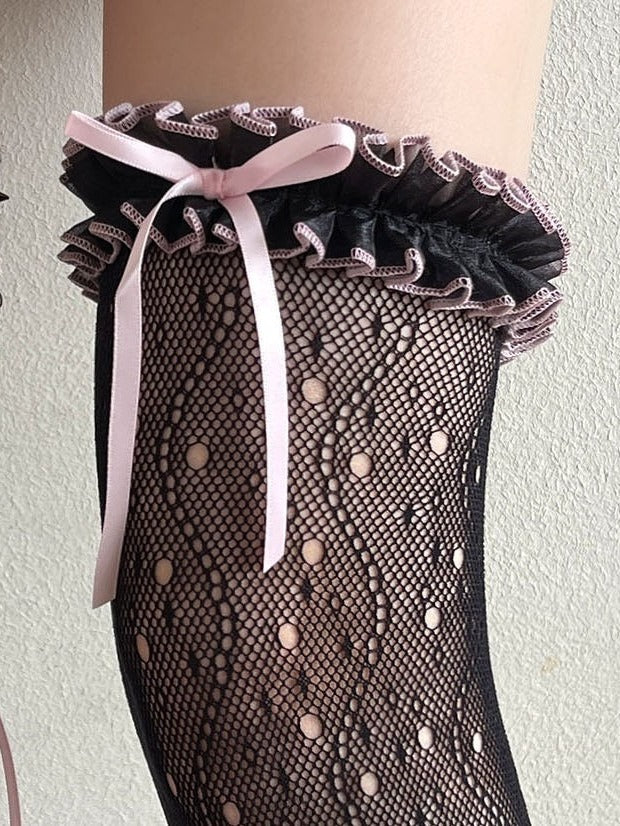 Monochrome Lace-Up Thigh-High Sock Set with Floral Trim - Ms. Sox