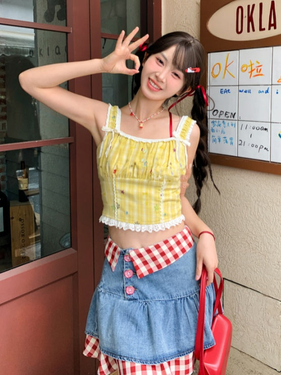 トリムレーススタープリントトップ イエローチェック柄 クロップド丈 ノースリーブ