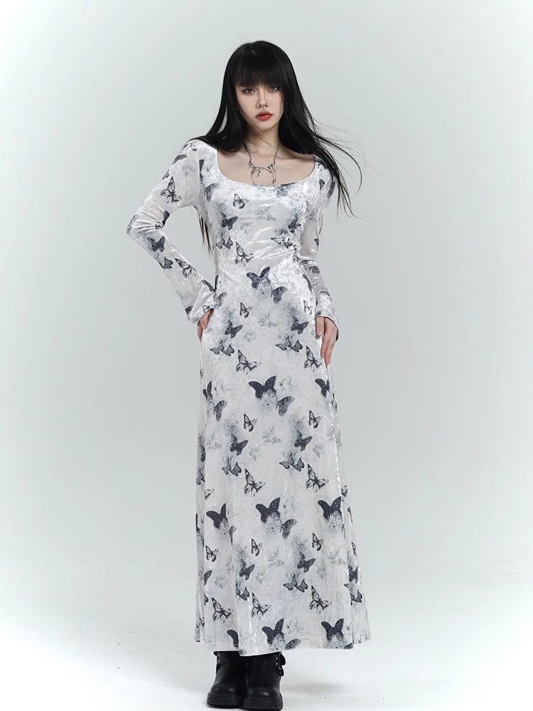 White Velvet Butterfly Print Slim-fitting Dress