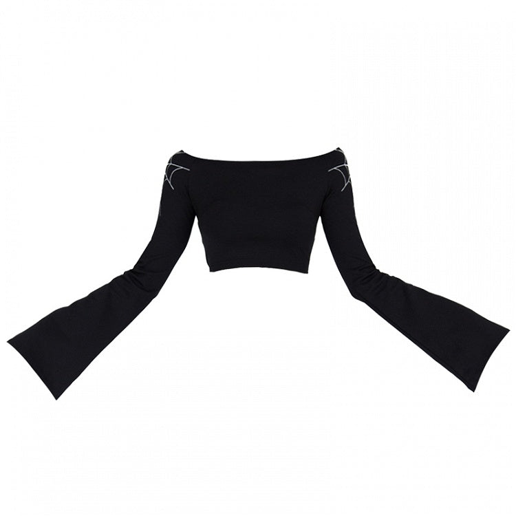 Gothic Black Spiderweb Bell Sleeves Cropped Top