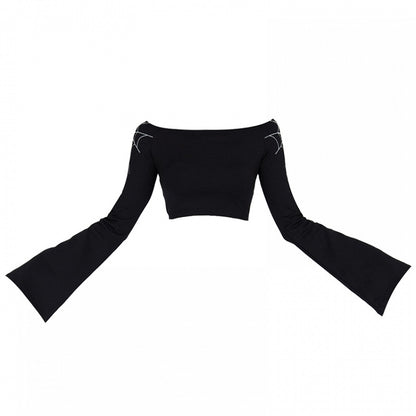 Gothic Black Spiderweb Bell Sleeves Cropped Top