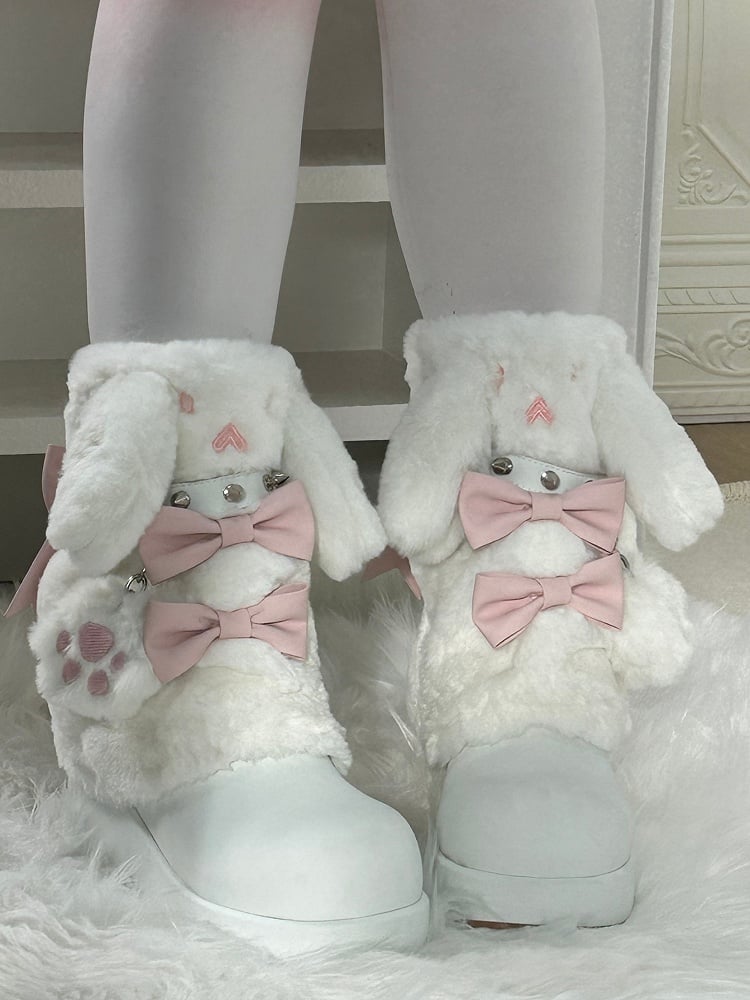 Sweet and Bunny - Regular/Fleece-Lined Studs Winter Bows Ear Boots Platform Version with White