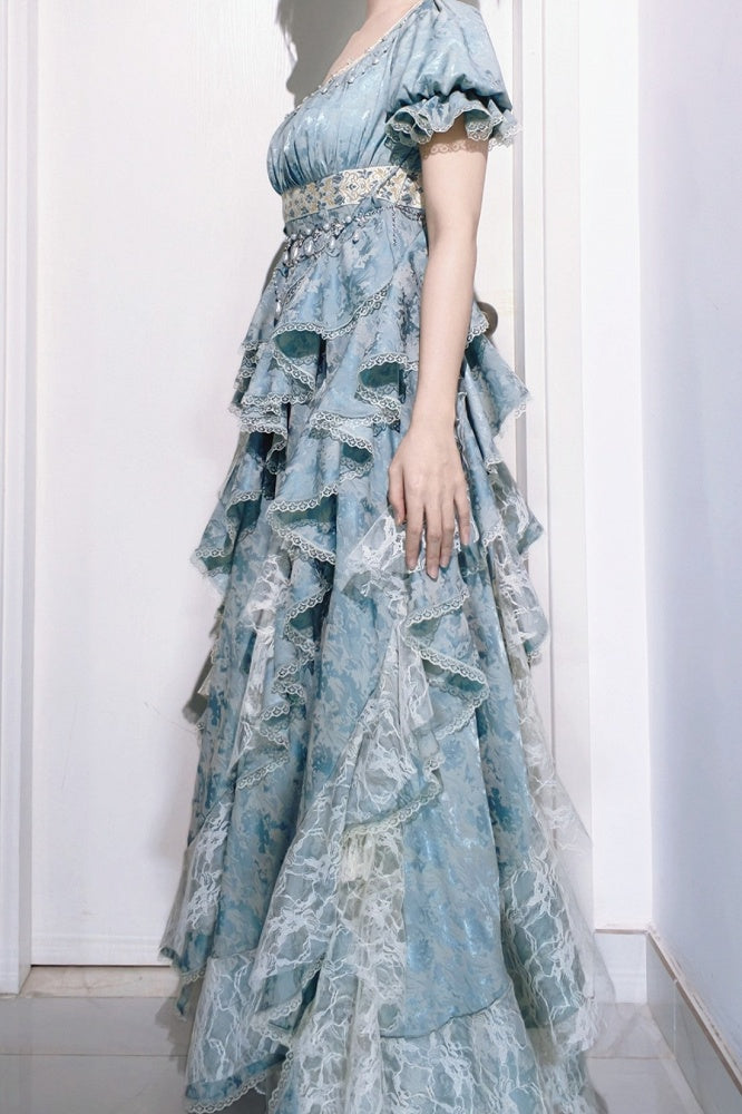 Lolita Sleeves Ruffles Empire Cascading Light Blue Waist Short Dress