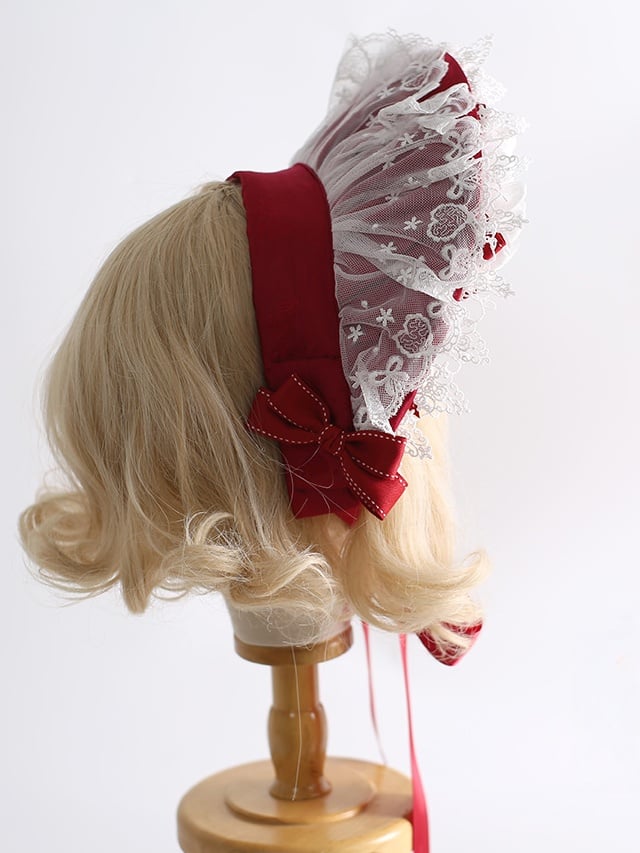 Lace-Trimmed Floral Bowknot White Gorgeous And Lolita Red Bonnet