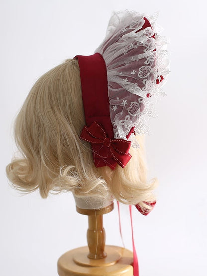 Lace-Trimmed Floral Bowknot White Gorgeous And Lolita Red Bonnet