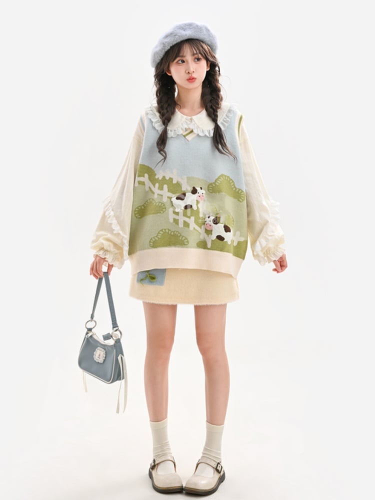 フロントにセルフタイストラップが付いたベージュの花柄ニットスカート