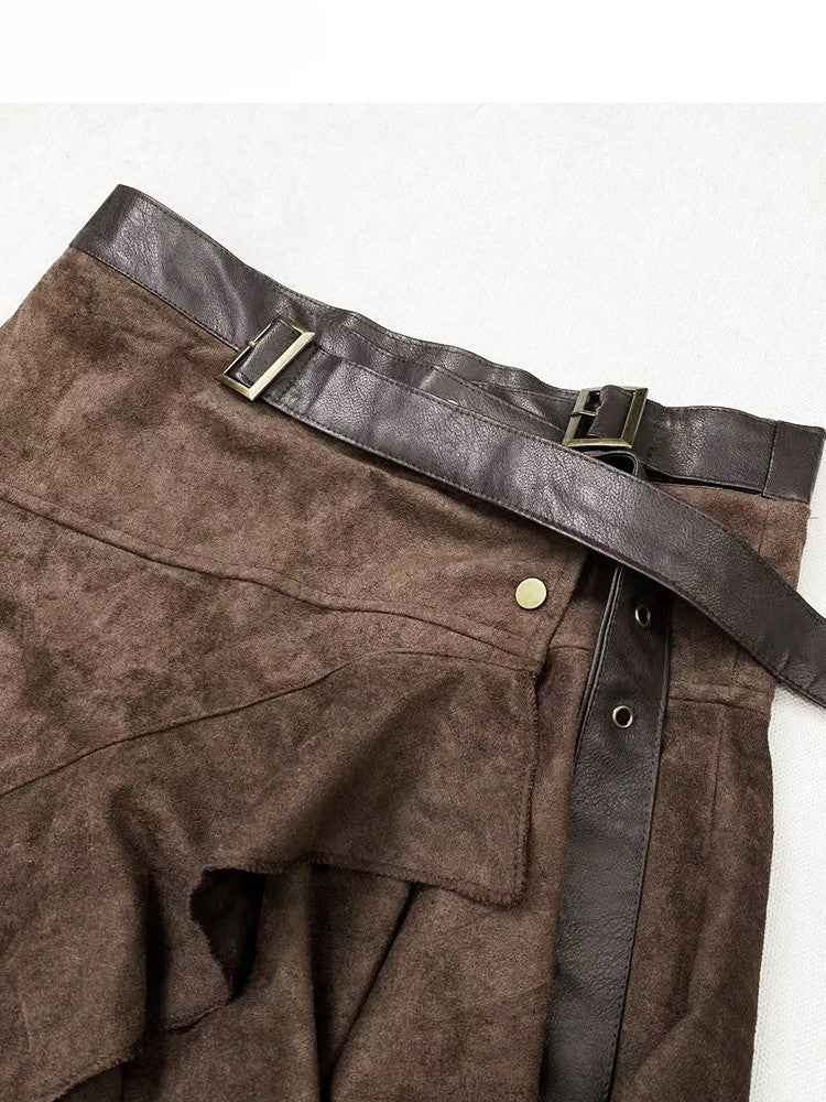 コーヒーヘムウェイストランドアシンメトリースカートブラウンパンク