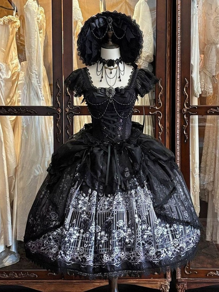Black Gothic Square Neck JSK Dress with Train - Miss Han