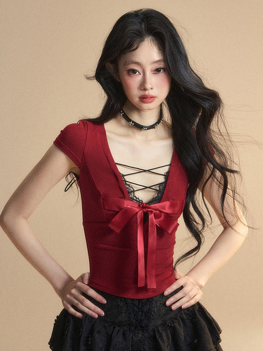 Red Lace Big Bow Slim-fitting Back T-Shirt Trim V-Neck Cutout