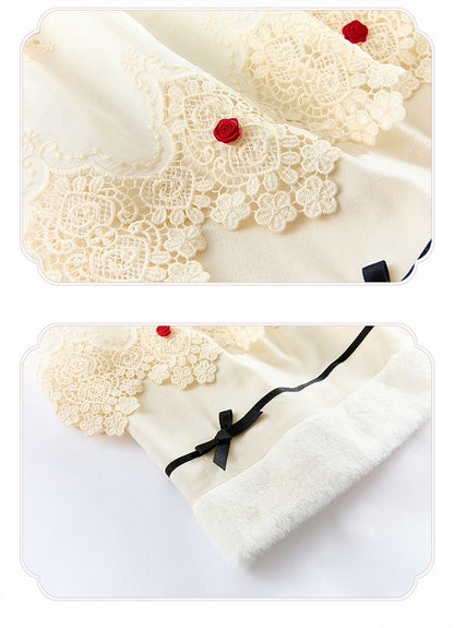 und Ausschnitt Beige Lange Ärmel Manschetten Lolita Floral Plüsch Kleid Mieder Stickerei