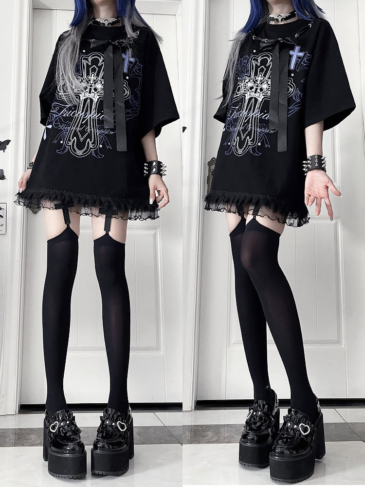 T-Shirtwith Letter Gothic Cotton Black Bow Ribbon Print NecklinePurple