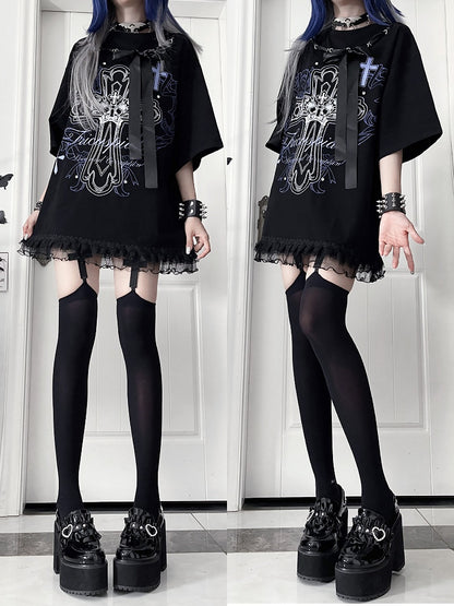 T-Shirtwith Letter Gothic Cotton Black Bow Ribbon Print NecklinePurple