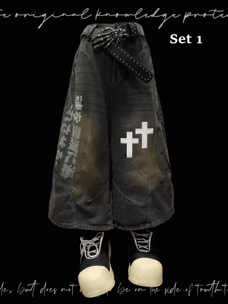 Dunkelblaue Jeans mit weitem Bein, verblasste Waschung, Kreuzapplikationen, Distressed