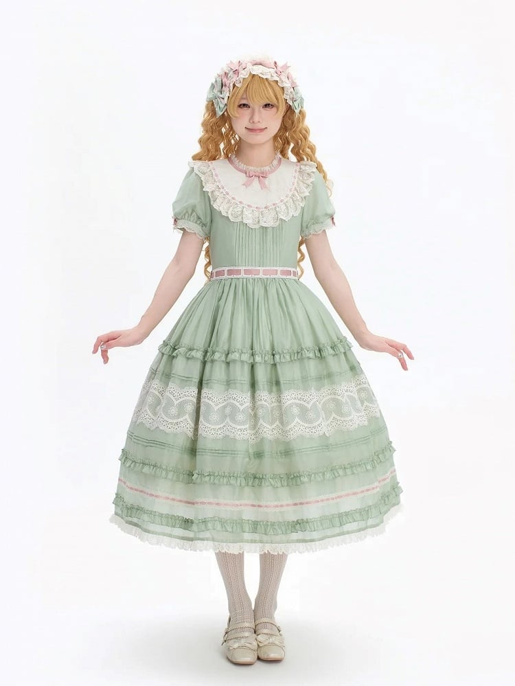Green Puff Sleeve Lace Trim Elegant Lolita Gown - Pumpkin Planet
