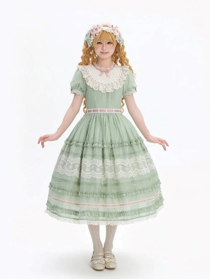 Green Puff Sleeve Lace Trim Elegant Lolita Gown - Pumpkin Planet