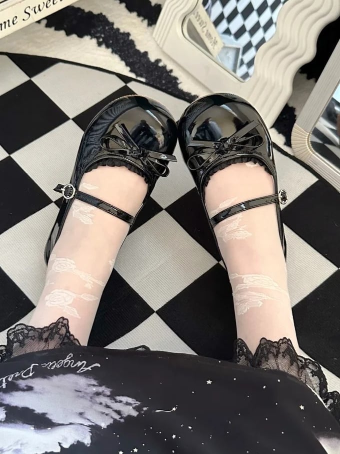 Top Sweet Toe Black Leather Mary Bow Circle Trim Janes PU Buckle Round Lace