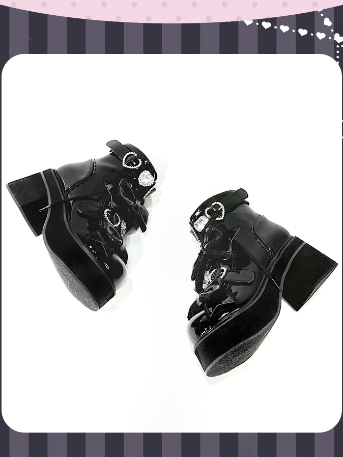 Platform Ankle Boots Buckles Jirai Kei Polished and Black Rhinestons Sweetheart with