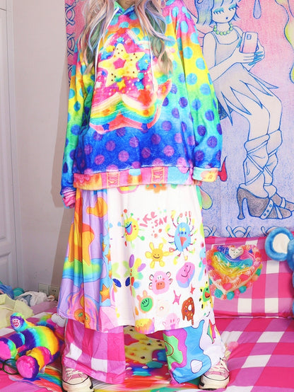 Colorful Y2K Cartoon Print A Line Elastic Waist Skirt - Leerroo