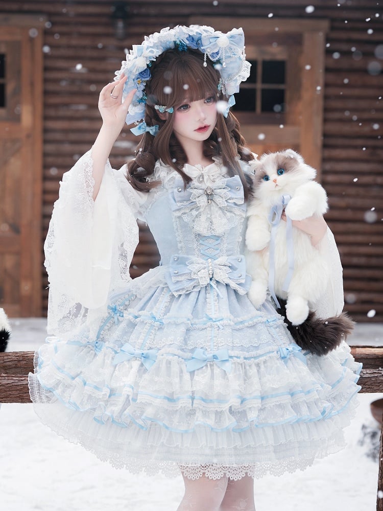 Jumper with Layered Blue Hime Bows Detachable Dress Lolita Hanayome Skirt