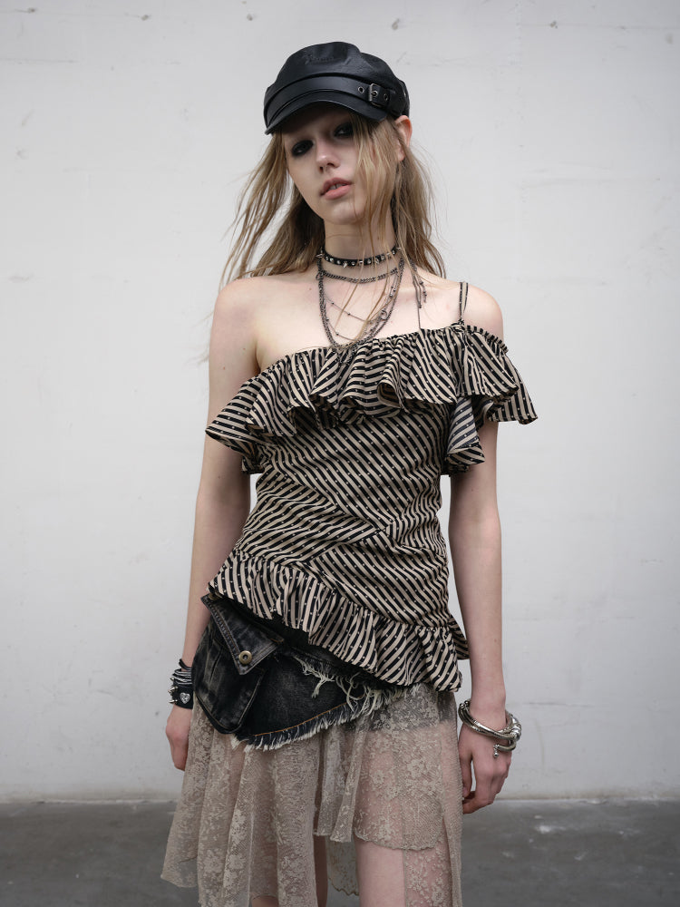 Cascading Top Khaki Asymmetrical Ruffles Star with Black Patterns Neckline Striped