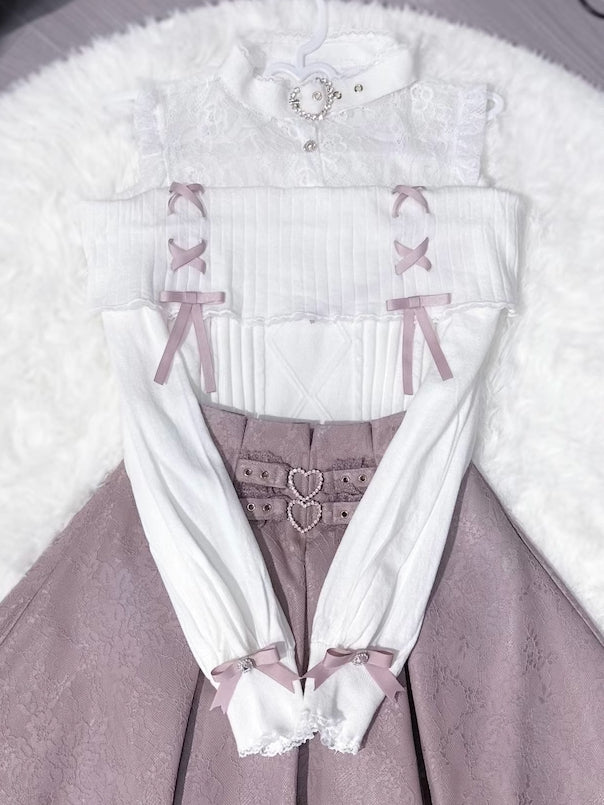 Sweater：Illusion Pink White Jirai Shoulder with Knit Open Buckle Neckline Kei