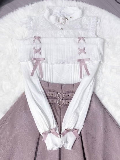 Sweater：Illusion Pink White Jirai Shoulder with Knit Open Buckle Neckline Kei