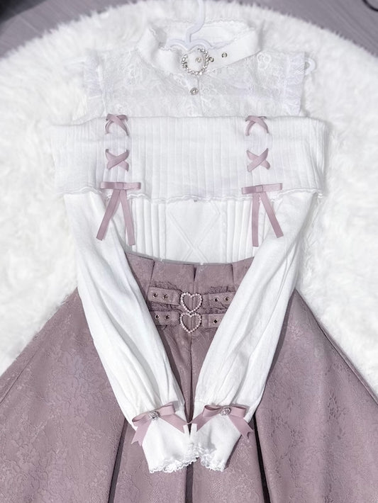 Sweater：Illusion Pink White Jirai Shoulder with Knit Open Buckle Neckline Kei