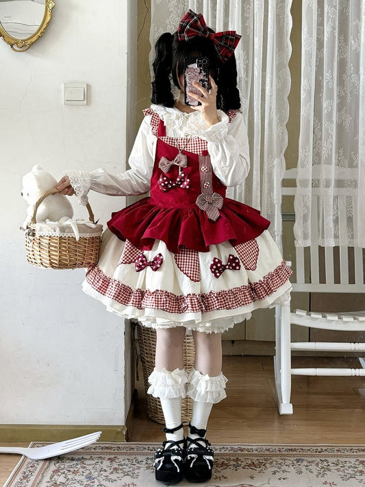 Rotes Gingham Lolita-Overallkleid mit süßer Schleife