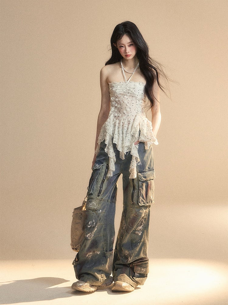 Volant Saum Weiß Glamourös Neckholder Polka Dot Top Muster Asymmetrische Trägerlosen