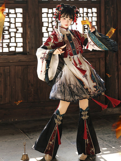 Wide Sleeves Chinese Knot Embroidery Han Lolita Dress Fox Patch Cropped Top Set - Unknown Star