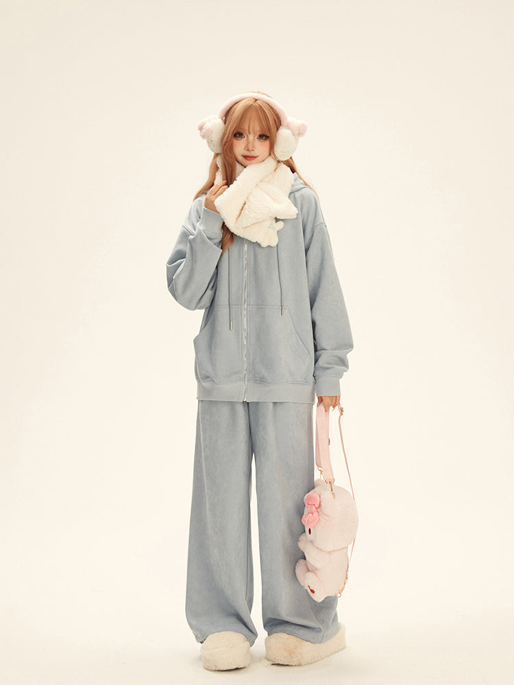 Chest Hooded Jacket Bear White Set Blue Sweatpants Details with Toy Drawstring